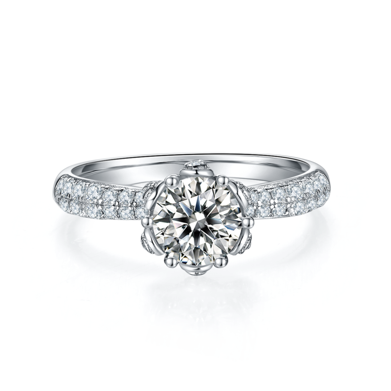 直臂豪镶花神S925银镀白金MoissaniteWomen's Ring1ctD级